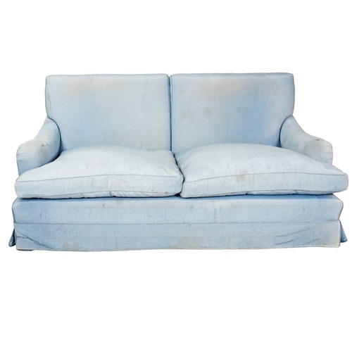 498 - AN UPHOLSTERED TWO SEAT SOFA, 20TH CENTURY, covered in powder blue sateen upholstery85cm x 178cm x 9... 