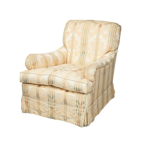 501 - AN UPHOLSTERED ARMCHAIR, 20TH CENTURY, covered in a champagne coloured damask material.90cm x 78cm x... 