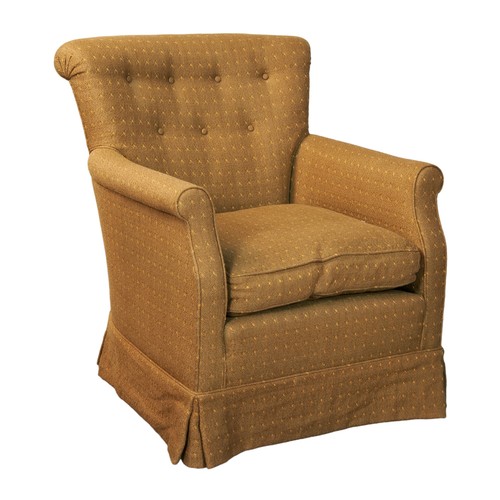 505 - AN UPHOLSTERED ARMCHAIR, MID 20TH CENTURY, covered in a chartreuse hessian fabric with a scroll back... 