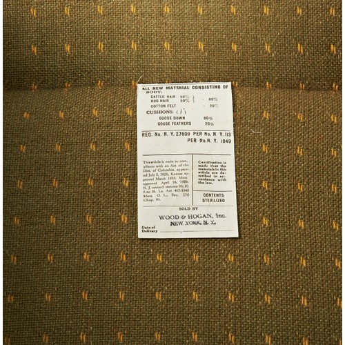 505 - AN UPHOLSTERED ARMCHAIR, MID 20TH CENTURY, covered in a chartreuse hessian fabric with a scroll back... 