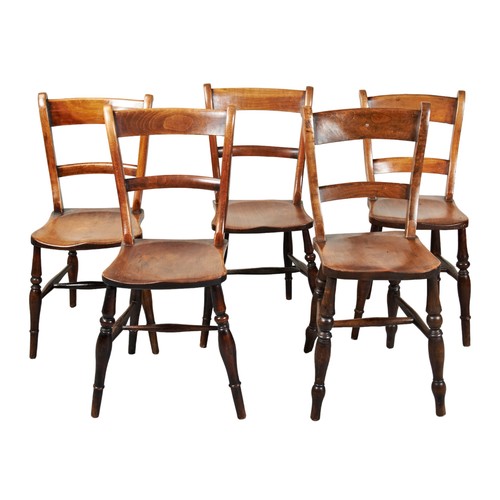 514 - A MIXED GROUP OF FIVE OXFORD BACK CHAIRS with saddle seats raised on turned legs united by H-shaped ... 