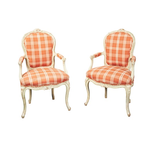 481 - A PAIR OF FAUTEUILS, cream painted frames with orange plaid upholstery to the back panels, seats and... 