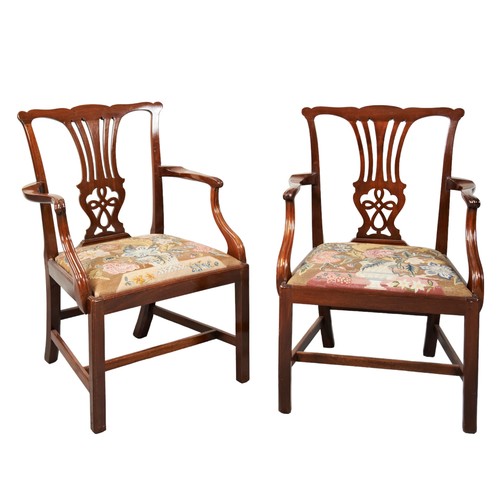 516 - A PAIR OF GEORGE III MAHOGANY ARMCHAIRS, LATE 18TH CENTURY, shaped top rails above pierced splats, t... 