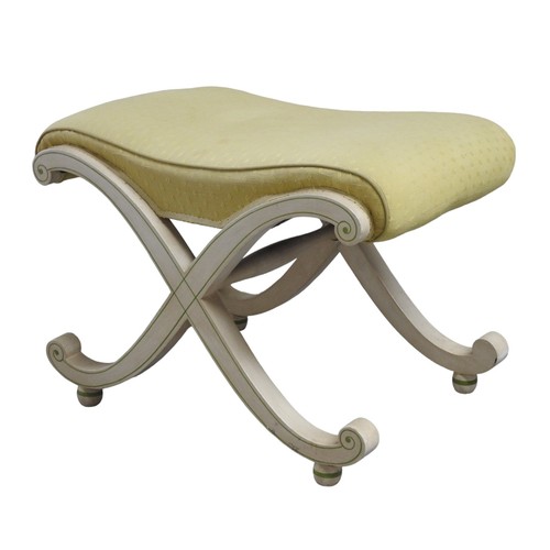 543 - A SCROLL FRAMED RECTANGULAR STOOL, padded fawn covered seat raised on a scrolling X-frame base, pain... 