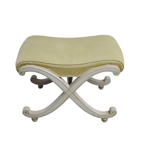 543 - A SCROLL FRAMED RECTANGULAR STOOL, padded fawn covered seat raised on a scrolling X-frame base, pain... 