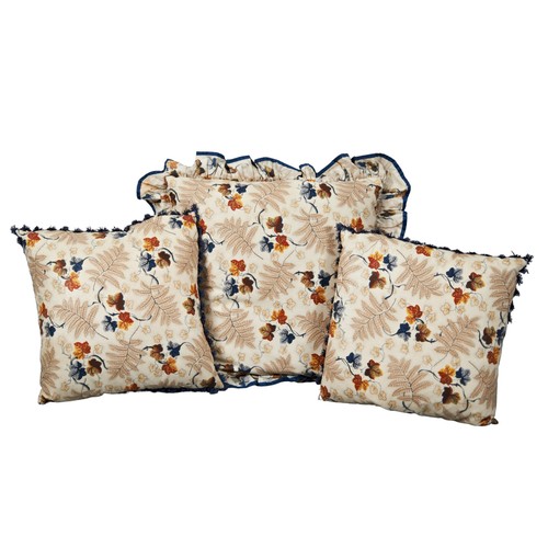 607 - THREE LEAF DECORATED THROW CUSHIONS One large and two small, burnt orange and blue foliate print.Pro... 