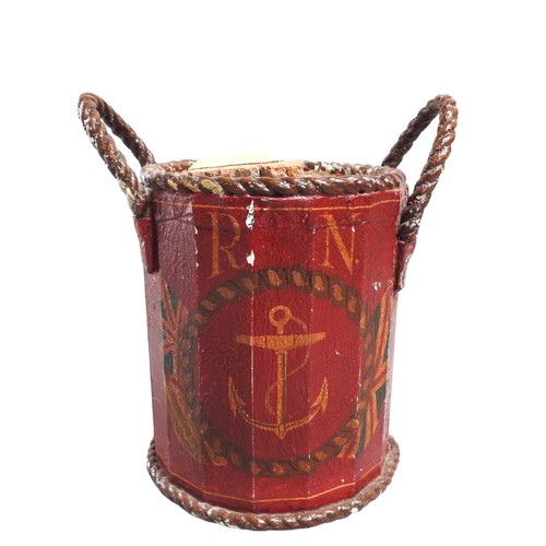 598 - A NAVAL DECORATED FIRE BUCKET, the sides hand painted with a picture of a tall ship and an anchor mo... 