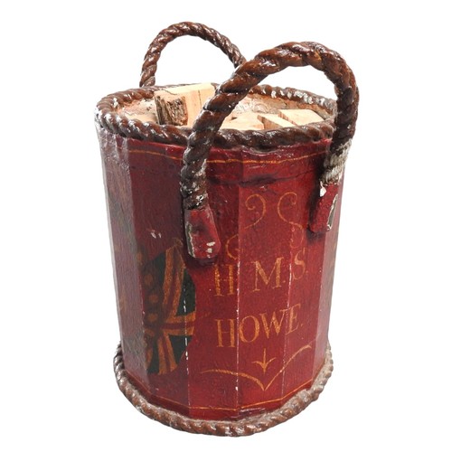 598 - A NAVAL DECORATED FIRE BUCKET, the sides hand painted with a picture of a tall ship and an anchor mo... 