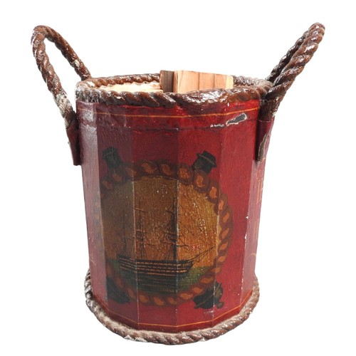 598 - A NAVAL DECORATED FIRE BUCKET, the sides hand painted with a picture of a tall ship and an anchor mo... 