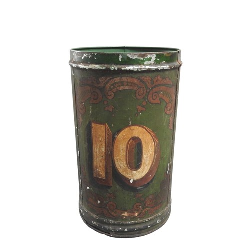 599 - A VINTAGE ALUMINIUM GREEN PAINTED WASTE PAPER BIN, the sides painted with the number 10 and scroll d... 