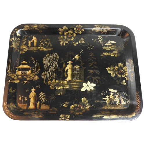 531 - A VINTAGE JAPANNED PAPIER MACHE TRAY ON STAND, the galleried rectangular tray decorated with figures... 