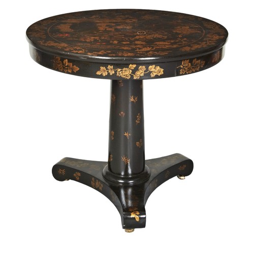 533 - A CHINOSERIE JAPANNED CENTRE TABLE, 20TH CENTURY the circular top raised on a tapering column on a t... 