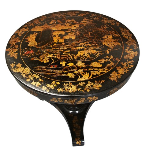 533 - A CHINOSERIE JAPANNED CENTRE TABLE, 20TH CENTURY the circular top raised on a tapering column on a t... 