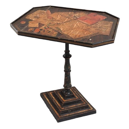 540 - A VINTAGE OCTAGONAL TOP WINE TABLE with decoupage decoration raised on a knopped pillar with painted... 