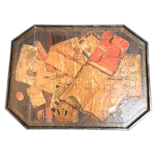 540 - A VINTAGE OCTAGONAL TOP WINE TABLE with decoupage decoration raised on a knopped pillar with painted... 