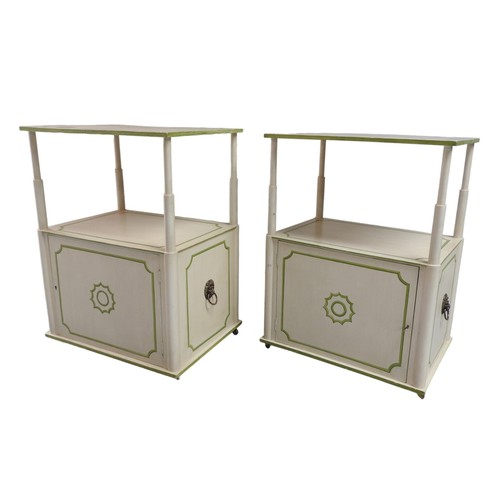 542 - A PAIR OF MATCHING BEDSIDE TABLES, 20TH CENTURY cream painted with lime green stencilled detailing. ... 