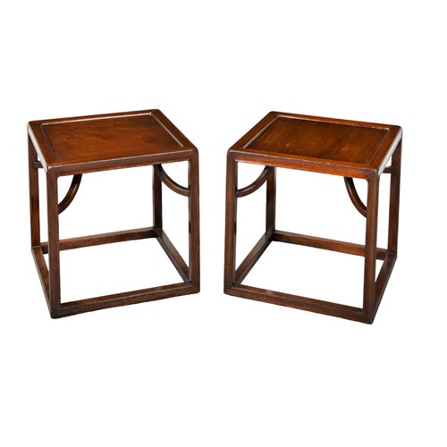 545 - A PAIR OF CHINESE HARDWOOD STOOLS, cube form with curved angle brackets43cm x 42cm x 42cm Provenance... 