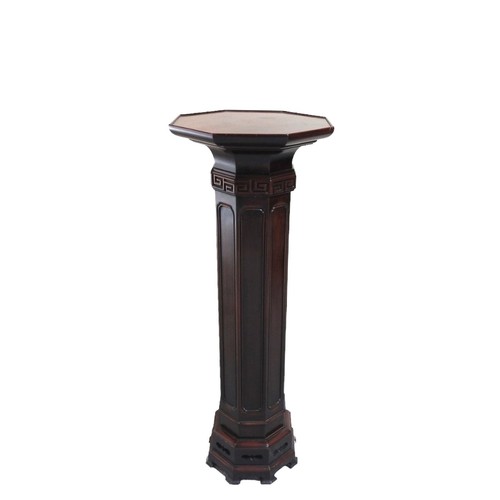 551 - A MAHOGANY URN STAND, 20TH CENTURY octagonal form with Greek key frieze above a panelled column.97cm... 