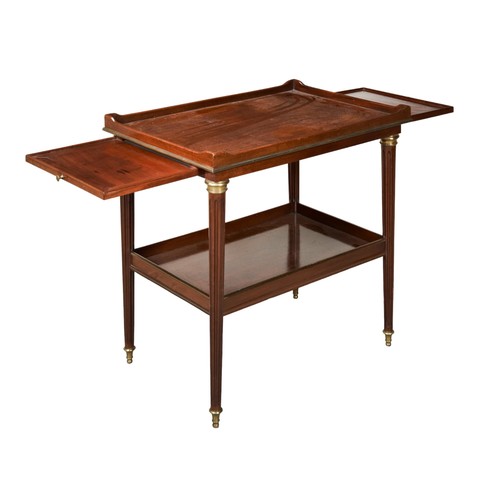 552 - A MAHOGANY TRAY TOP TWO TIER TABLE, 20TH CENTURY the rectangular galleried top with twin pull out su... 