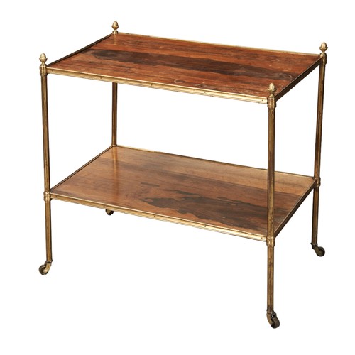 559 - A 19TH CENTURY ROSEWOOD TWO TIER TABLE the rectangular brass mounted shelves united by brass pillars... 