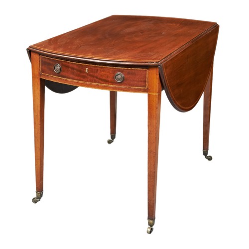 565 - A VICTORIAN MAHOGANY PEMBROKE TABLE hinged oval top with line inlaid border over bowfront end frieze... 