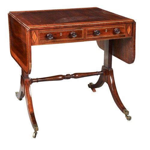 576 - A MAHOGANY CROSS BANDED SOFA TABLE, 19TH CENTURY hinged rectangular top over two short frieze drawer... 