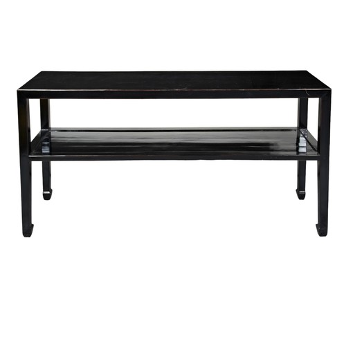 582 - A CHINESE STYLE BLACK LACQUERED TWO TIER SERVING TABLE raised on tapering square legs80cm x 160cm x ... 