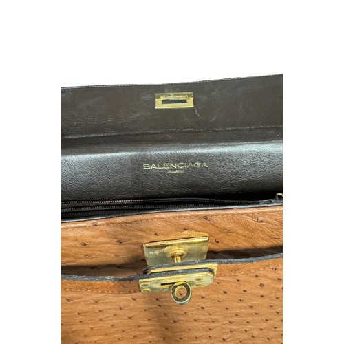 787 - BALENCIAGA TAN OSTRICH SKIN HANDBAG Two small pockets (one with zip) within main compartment. With p... 