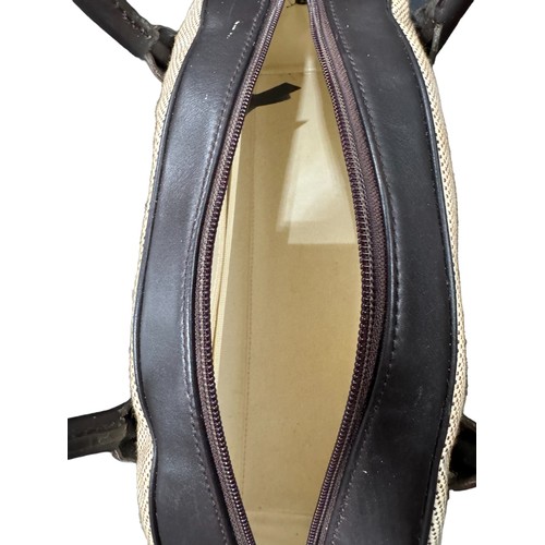 789 - CONNOLLY HALF MOON SHAPED BOWLING BAG dark brown leather handles, top section with cream colour stif... 