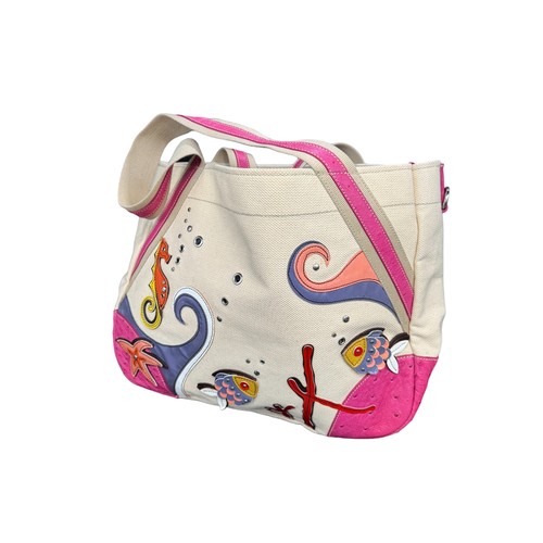 791 - PRADA OSTRICH TRIMMED SEA LIFE TOTE BAG BR2971 WITH IDENTIFICATION CARD Cream and fuschia with paten... 