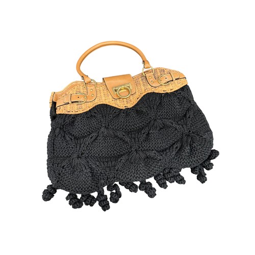 792 - SALVATORE FERRAGAMO EZ-21 6387 LEATHER, WICKER AND WOOL VACATION BAG. Black plaited wool main with c... 