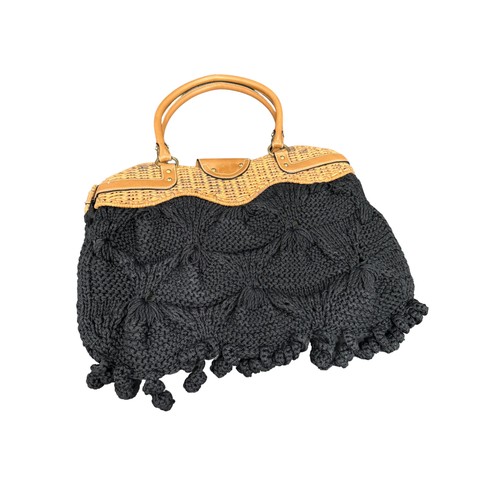 792 - SALVATORE FERRAGAMO EZ-21 6387 LEATHER, WICKER AND WOOL VACATION BAG. Black plaited wool main with c... 