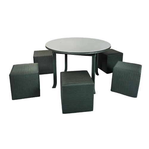 584 - A LLOYD LOOM CIRCULAR PATIO TABLE AND FIVE BOX FORM STOOLS with braided edge and circular plate glas... 