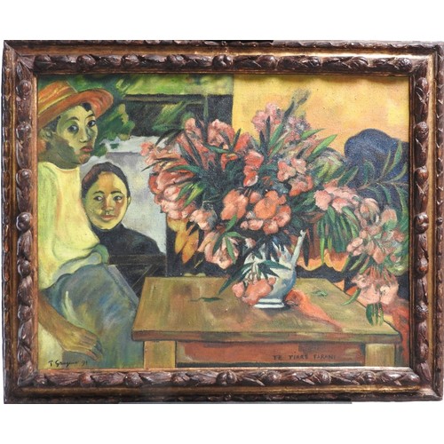 651 - SUSIE RAY (20TH CENTURY) 'FLOWERS OF FRANCE, 1891' AFTER GAUGUIN (1989) OIL/CANVAS inscribed verso72... 