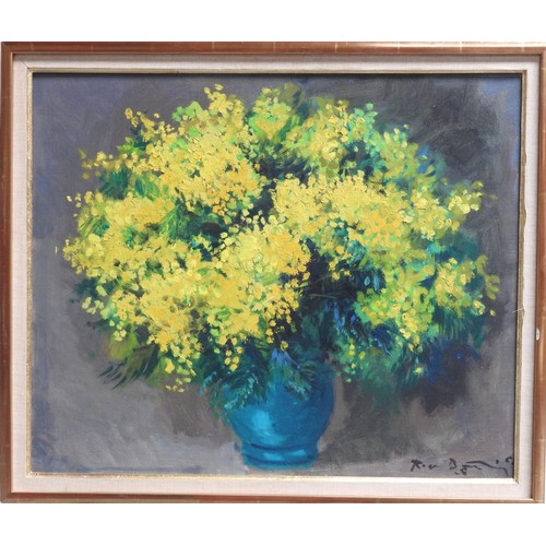 657 - STILL LIFE OIL PAINTING ON CANVAS OF MIMOSA indistinctly signed in lower right corner52.5cm x 63cmPr... 