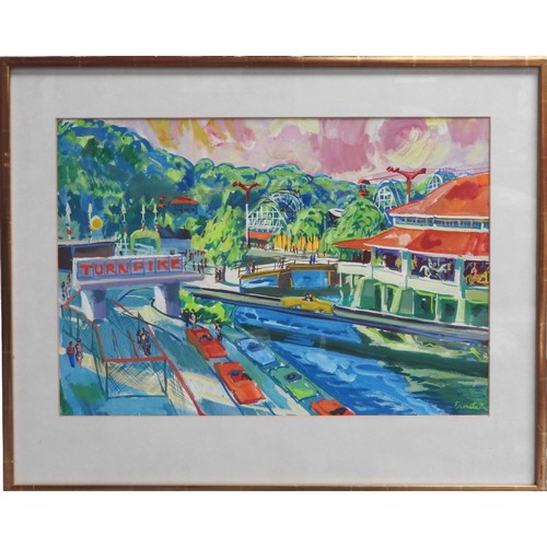 659 - NAIVE GOUACHE PAINTING OF HERSHEYPARK, PENNSYLVANIA Signed Eisenstat in lower right corner, glazed a... 