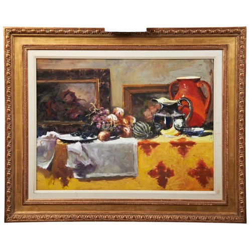 661 - JODY DE PEW MCLEANE (b.1945) STILL LIFE OIL PAINTING ON BOARD, depicting fruit, jug, vase and pictur... 