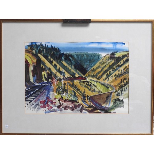 663 - EDWIN FULWIDER (1913-2003) WATERCOLOUR OF LOCOMOTIVE IN CANYON SETTING Signed in bottom right corner... 