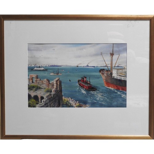 664 - A FRAMED WATERCOLOUR OF TUG BOAT FERRY AND OTHER VESSELS IN A HARBOUR SETTING Signed and dated indis... 