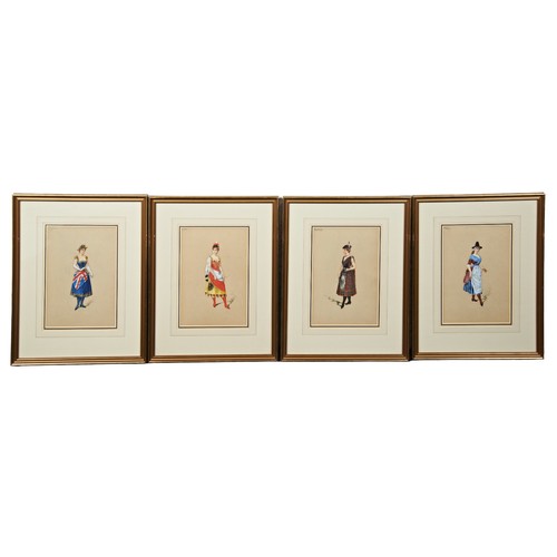 675 - A GROUP OF FOUR VINTAGE WATER COLOURS SHOWING MAIDENS IN NATIONAL COSTUME, unsigned, the pictures in... 