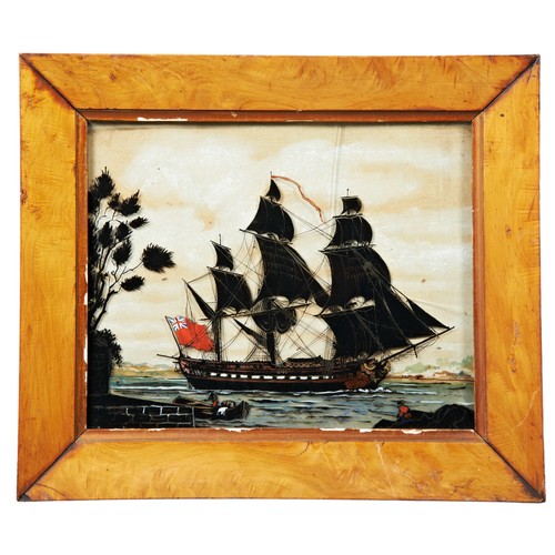 679 - A VICTORIAN REVERSE GLASS SILHOUETTE OF NAVAL BARQUE, mounted in original maple frame (A.F)26 x 32 c... 