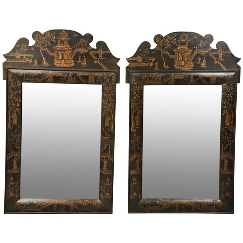 632 - A PAIR OF CONTEMPORARY CHINOSERIE PIER MIRRORS the bevelled rectangular plates mounted in frames dec... 