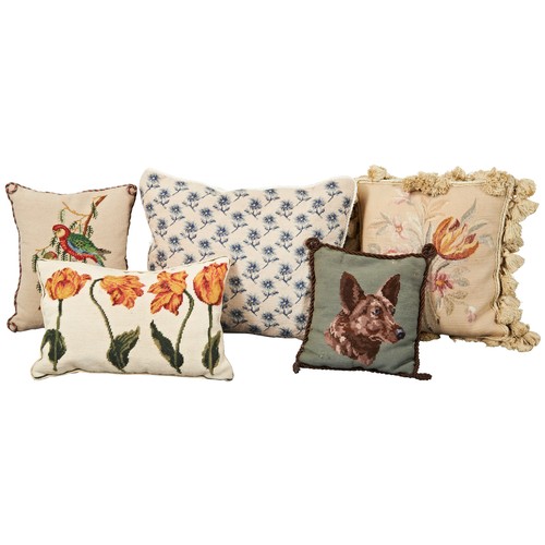 609 - A GROUP OF FIVE NEEDLEPOINT THROW CUSHIONS, one with parrots, one with a German Shepherd with tan ve... 