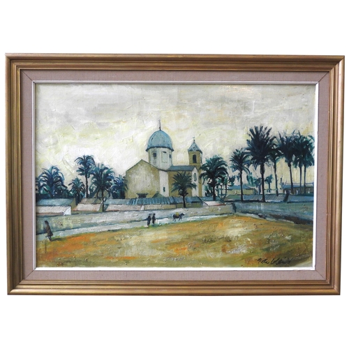 392 - PETER COLLINS (1923-2001) OIL PAINTING ON CANVAS OF MEDITERRANEAN CHAPEL, signed in lower right corn... 
