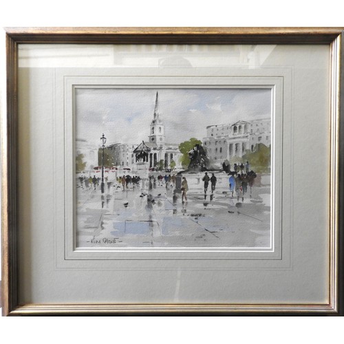 374 - KIM PAGE (20TH CENTURY) 'TRAFALGAR SQUARE' WATER COLOUR/PAPER, signed in lower left corner, glazed a... 