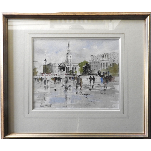 374 - KIM PAGE (20TH CENTURY) 'TRAFALGAR SQUARE' WATER COLOUR/PAPER, signed in lower left corner, glazed a... 