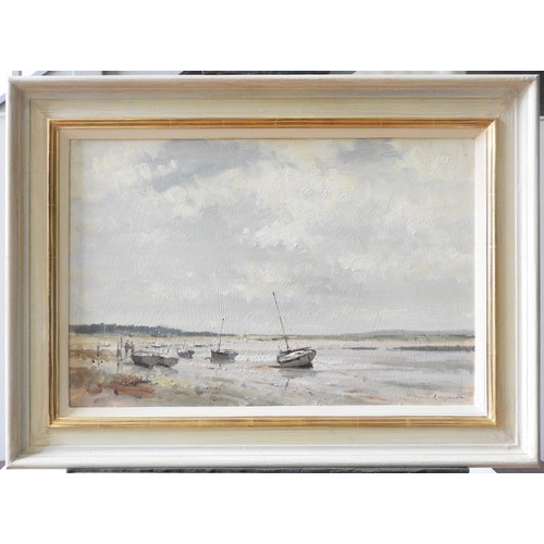 380 - JAMES LONGUEVILLE (b.1942) 'BOATS ON THE MUD, HESWALL' OIL PAINTING ON CANVAS, signed in lower right... 