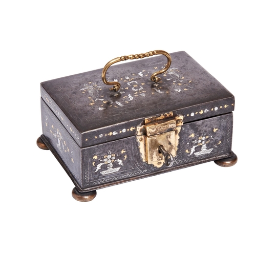 218 - A CONTINENTAL GOLD AND SILVER INLAID STEEL BOX, 18TH CENTURY, with chinoserie inlaid decoration, the... 