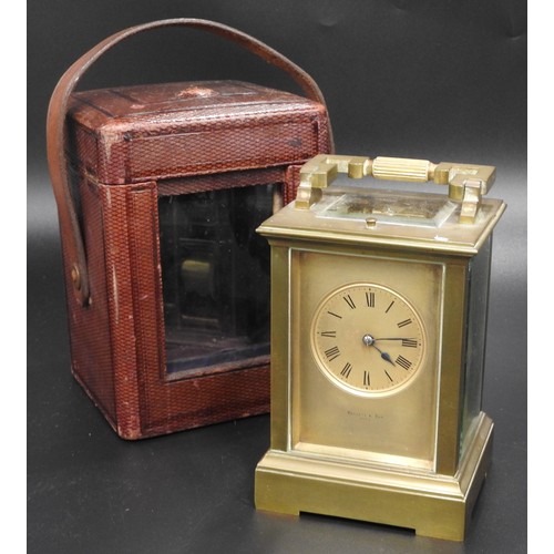 199 - A FRENCH BRASS CASED REPEATING CARRIAGE CLOCK, the brass dial mask inscribed Mallet & Son, Paris... 