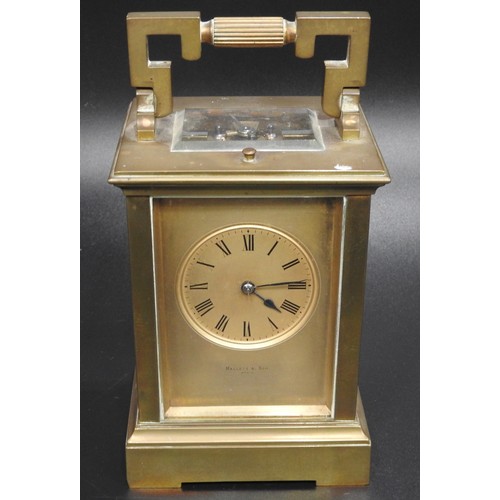 199 - A FRENCH BRASS CASED REPEATING CARRIAGE CLOCK, the brass dial mask inscribed Mallet & Son, Paris... 